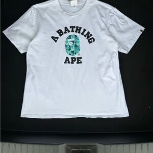 Bape White Short Sleeve Tee with Green Camo Logo